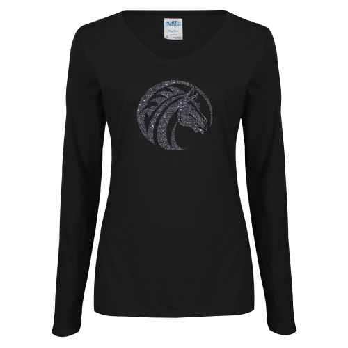  Womens Black Long Sleeve V Neck Tee  - Bronco Graphite Soft Glitter