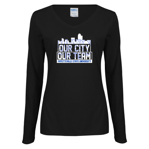  Womens Black Long Sleeve V Neck Tee  - Our City Our Team