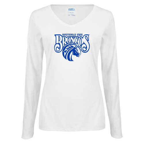  Womens White Long Sleeve V Neck Tee - Official Logo