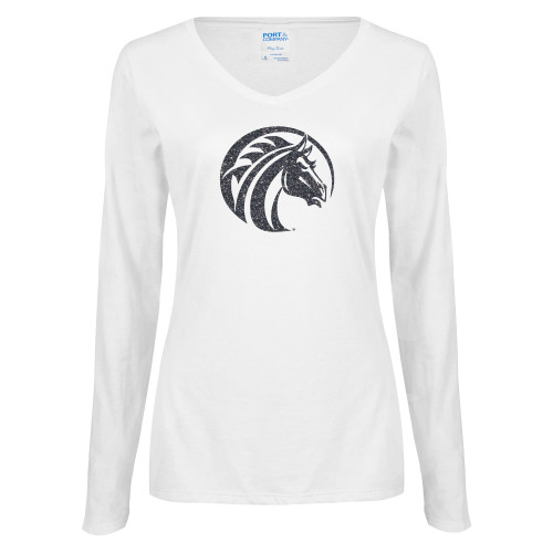  Womens White Long Sleeve V Neck Tee - Bronco Graphite Soft Glitter