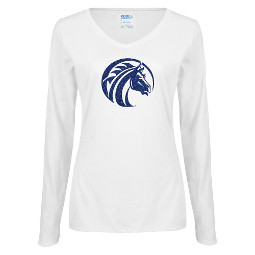  Womens White Long Sleeve V Neck Tee - Bronco Dark Blue Glitter