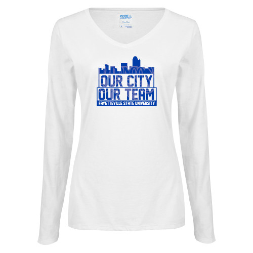  Womens White Long Sleeve V Neck Tee - Our City Our Team