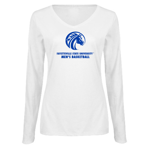  Womens White Long Sleeve V Neck Tee  - FSU Mens Basketball