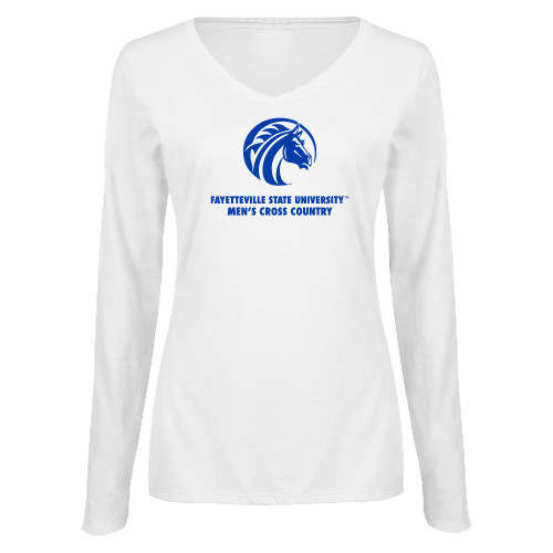  Womens White Long Sleeve V Neck Tee  - FSU Mens Cross Country