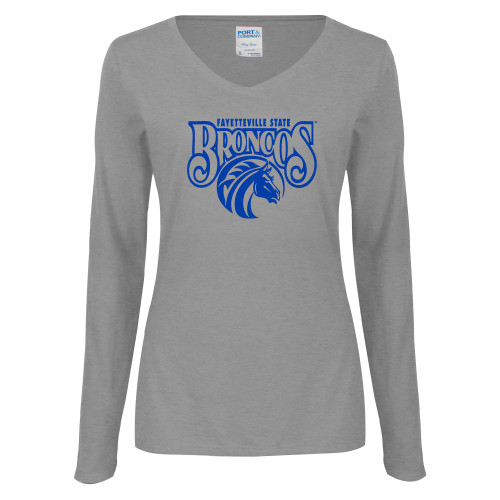  Womens Grey Long Sleeve V Neck Tee  - Official Logo