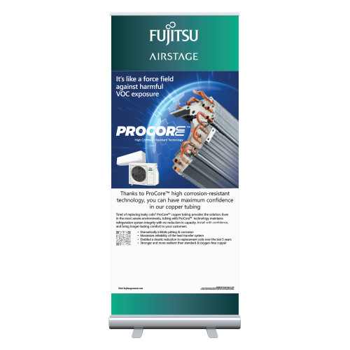  33.5 x 80 Vertical Banner including Silver Retractable Banner Stand - PROCORE Copper (Force Field) English