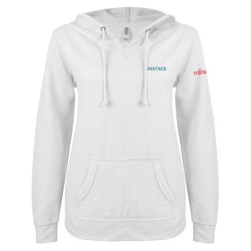  ENZA Womens White V Notch Raw Edge Fleece Hoodie - Fujitsu Airstage Vertical