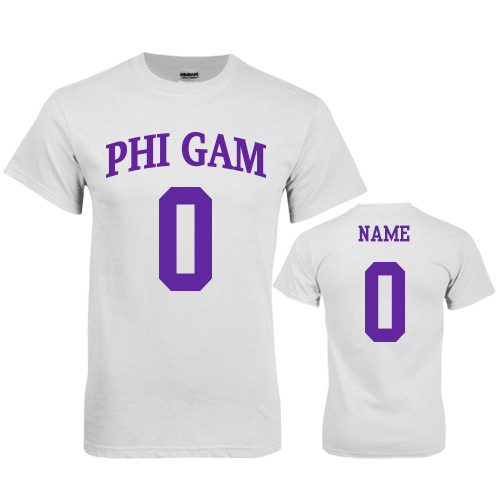 White T Shirt-Phi Gam Custom Tee w/ Name & Number