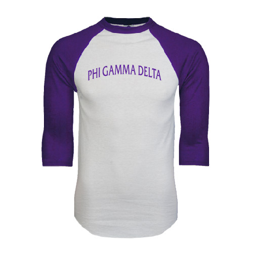 White/Purple Raglan Baseball T Shirt-Arched Phi Gamma Delta