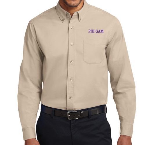 Khaki Twill Button Down Long Sleeve-Phi Gam
