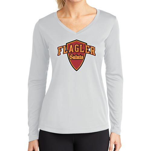  Womens White Performance Long Sleeve V Neck Shirt - Primary Mark