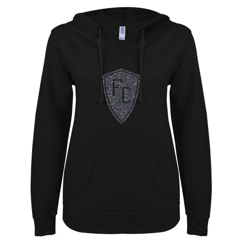  ENZA Womens Black V Notch Raw Edge Fleece Hoodie - Primary Mark Graphite Soft Glitter
