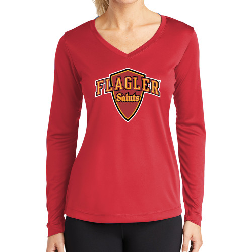  Womens Red Performance Long Sleeve V Neck Shirt - Primary Mark