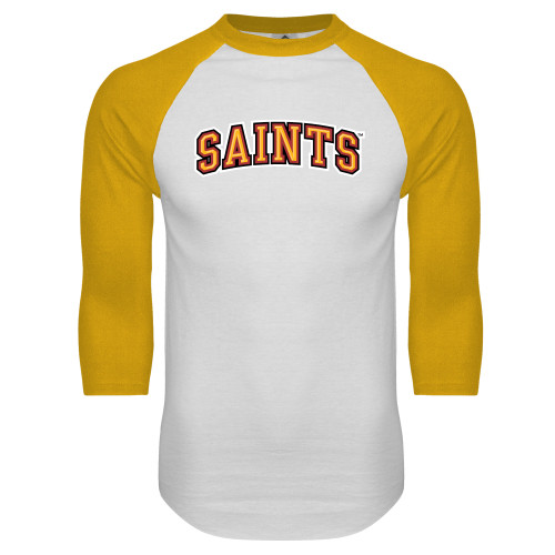  White/Gold Raglan Baseball T Shirt - Saints Arched