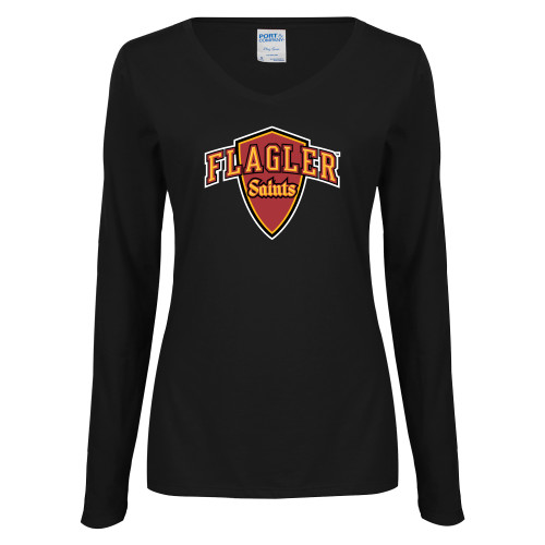  Womens Black Long Sleeve V Neck Tee  - Primary Mark