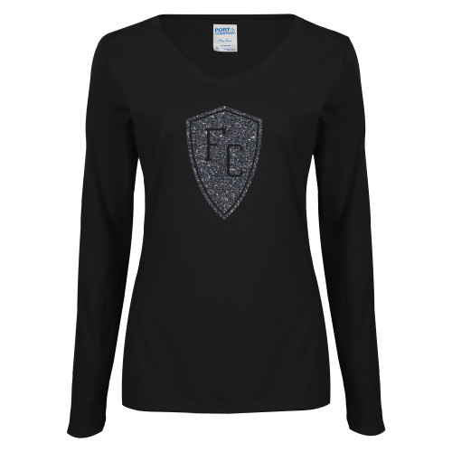  Womens Black Long Sleeve V Neck Tee  - Primary Mark Graphite Soft Glitter