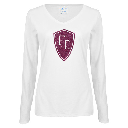  Womens White Long Sleeve V Neck Tee - Primary Mark Pink Glitter
