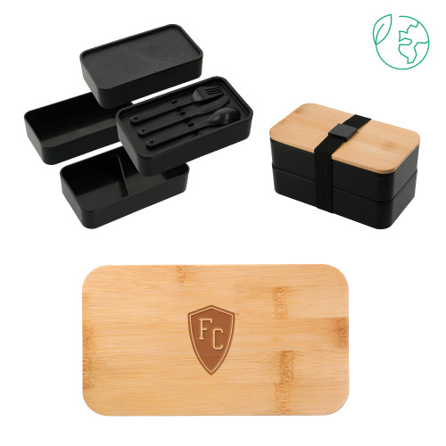  Stackable Bamboo Fiber Black Bento Box - Secondary Mark Engraved