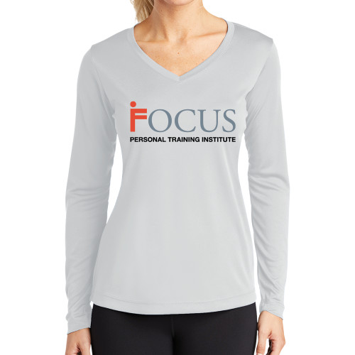 Womens White Performance Long Sleeve V Neck Shirt-Focus Logo