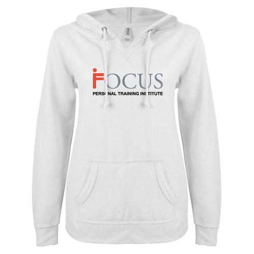 ENZA Womens White V Notch Raw Edge Fleece Hoodie-Focus Logo