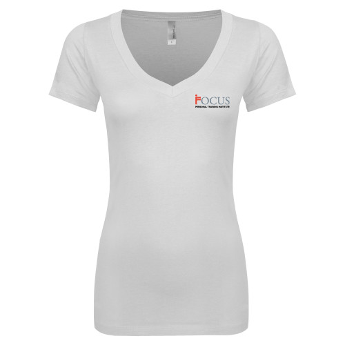Next Level Womens White Ideal V Tee-Focus Logo