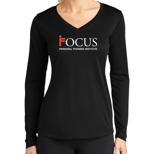 Womens Black Performance Long Sleeve V Neck Shirt-Focus Logo