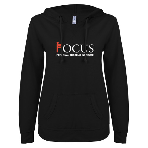 ENZA Womens Black V Notch Raw Edge Fleece Hoodie-Focus Logo