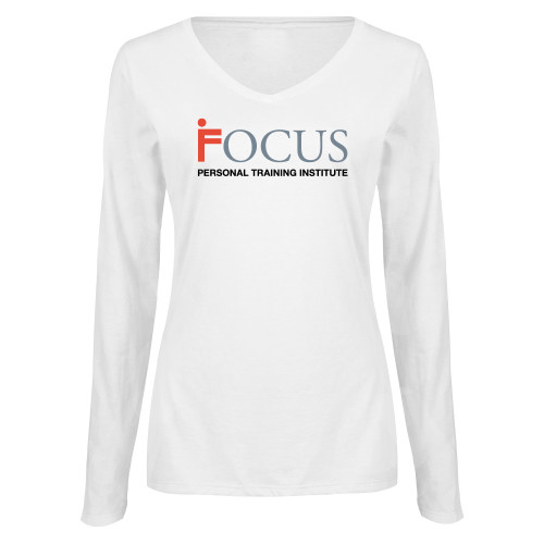 Womens White Long Sleeve V Neck Tee-Focus Logo