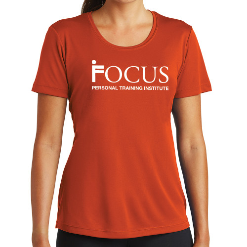 Womens Orange Performance Tee-Focus Logo