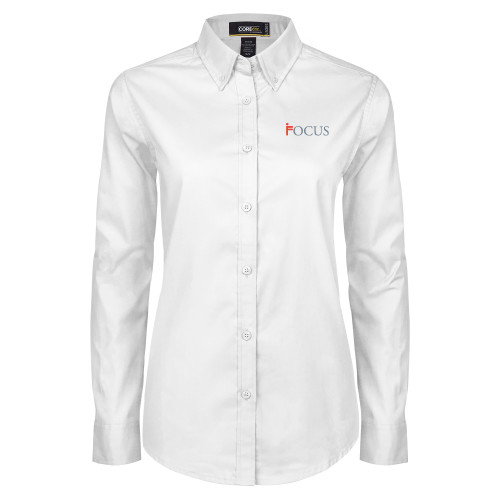Womens White Twill Button Down Long Sleeve-Focus Logo