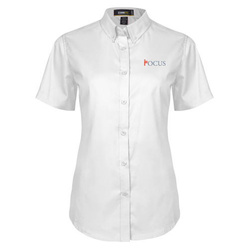 Womens White Twill Button Up Short Sleeve-Focus Logo