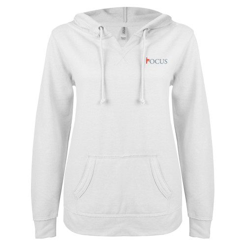 ENZA Womens White V Notch Raw Edge Fleece Hoodie-Focus Logo