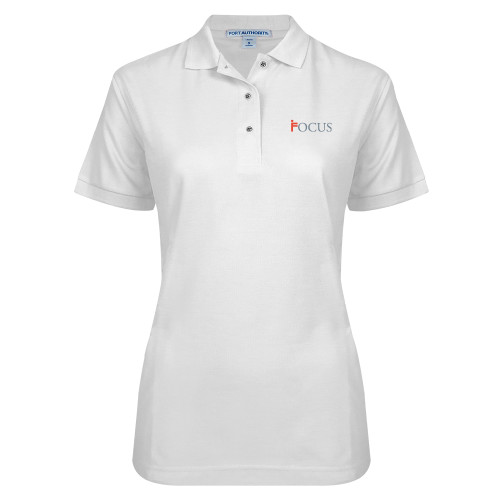 Womens Silk Touch White Pique Polo-Focus Logo