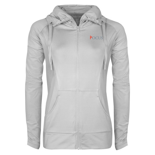 Womens White Sport Wick Stretch Full Zip Jacket-Focus Logo