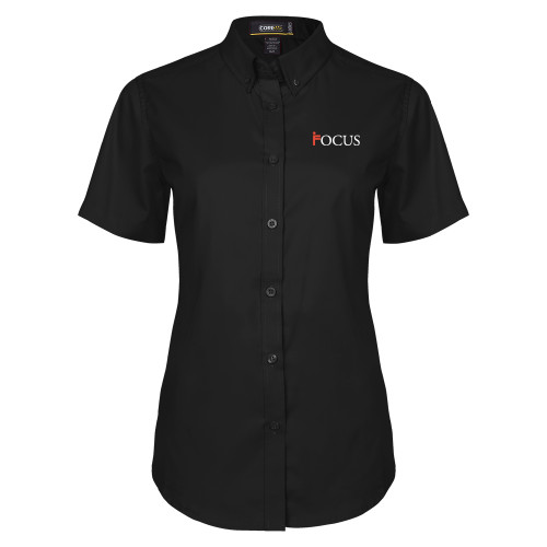 Womens Black Twill Button Up Short Sleeve-Focus Logo