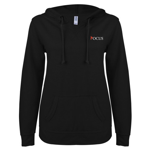 ENZA Womens Black V Notch Raw Edge Fleece Hoodie-Focus Logo