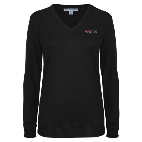 Womens Black VNeck Sweater-Focus Logo
