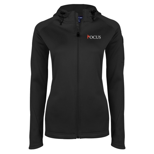 Womens Black Tech Fleece Full Zip Hooded Jacket-Focus Logo