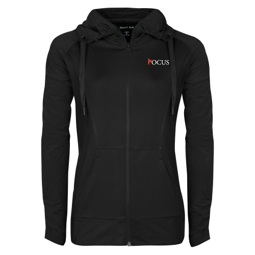 Womens Black Sport Wick Stretch Full Zip Jacket-Focus Logo