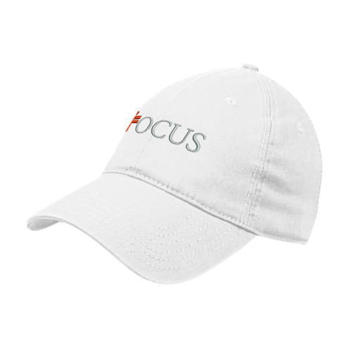 White Unstructured Adjustable Low Profile Hat-Focus Logo
