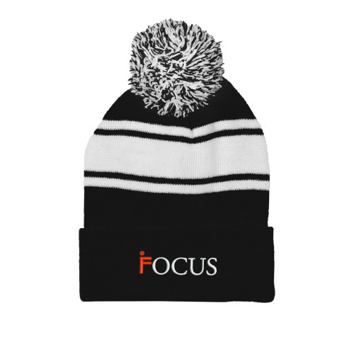Black/White Two Tone Knit Pom Beanie w/Cuff-Focus Logo