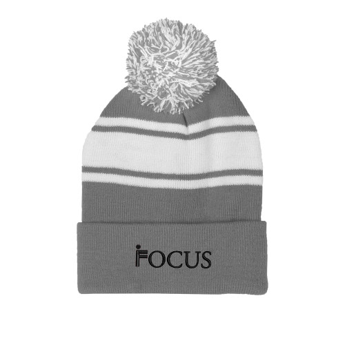 Grey/White Two Tone Knit Pom Beanie w/Cuff-Focus Logo