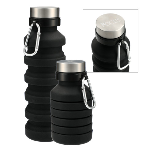 Zigoo Silicone Collapsible Black Bottle 18oz-Focus Flat Wordmark Engraved