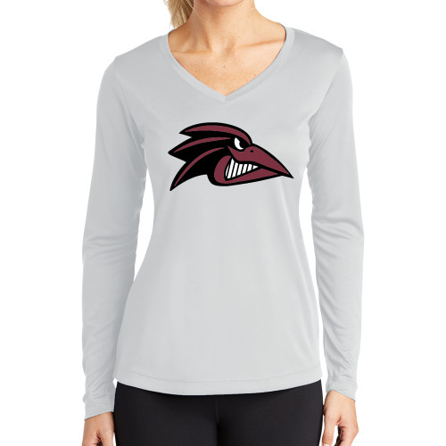  Womens White Performance Long Sleeve V Neck Shirt - Raven Head