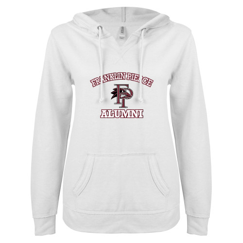  ENZA Womens White V Notch Raw Edge Fleece Hoodie - Alumni