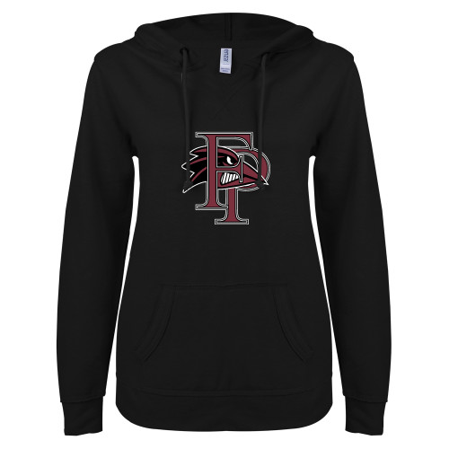  ENZA Womens Black V Notch Raw Edge Fleece Hoodie - Athletic FP