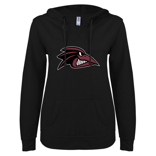  ENZA Womens Black V Notch Raw Edge Fleece Hoodie - Raven Head