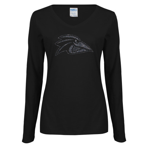  Womens Black Long Sleeve V Neck Tee  - F Graphite Soft Glitter