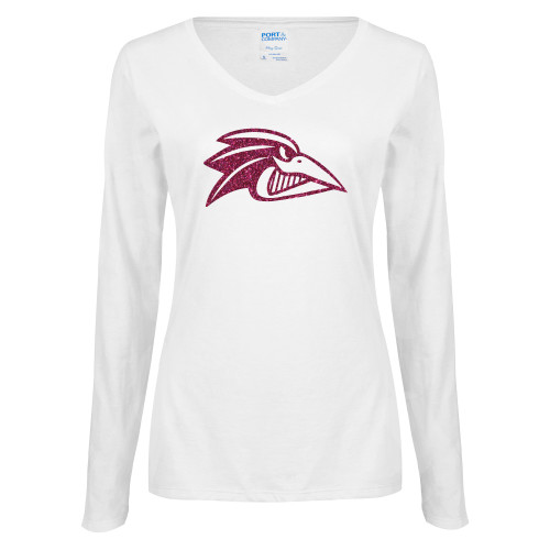 Womens White Long Sleeve V Neck Tee - M Hot Pink Glitter
