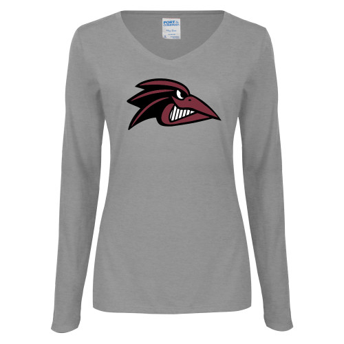  Womens Grey Long Sleeve V Neck Tee  - Raven Head
